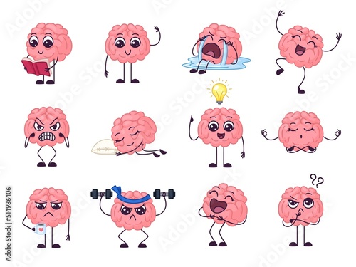 Cartoon brain character. Intellectual health, emotional funny happy and sad brains. Mind sleep, doing exercises and thinking new idea, garish vector set