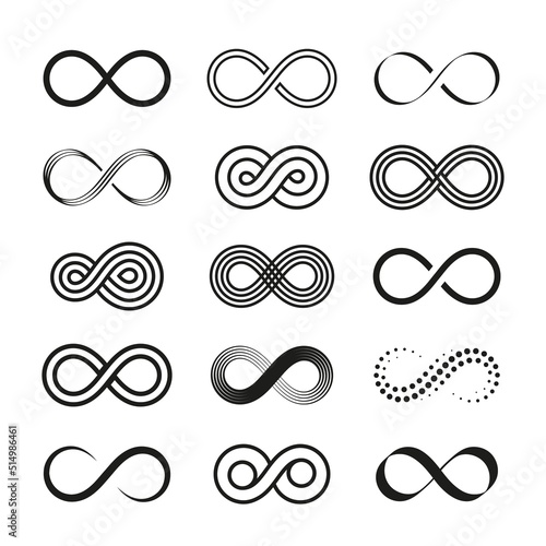 Black infinity symbols. Line infinite symbol, eternity swirl sign. Isolated mobius loop icons, line endless elements for design. Geometric unlimited logo tidy vector set