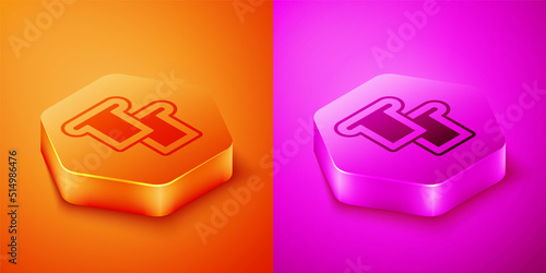 Isometric Bread toast for sandwich piece of roasted crouton icon isolated on orange and pink background. Lunch, dinner, breakfast snack. Hexagon button. Vector