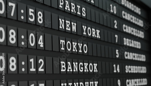 Airport flight departure board with some cancelled flights to Tokyo, Bangkok or delayed to New York. International airport, tourism and travel concept. 3D illustration