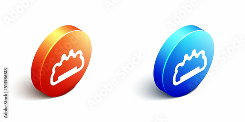 Isometric Brass knuckles icon isolated on white background. Orange and blue circle button. Vector
