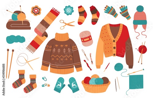 Winter knit clothes. Knitting socks, woolen cloth isolated set. Color sock mittens sweater, cute warm jumper. Wool jacket and crochet classy vector elements