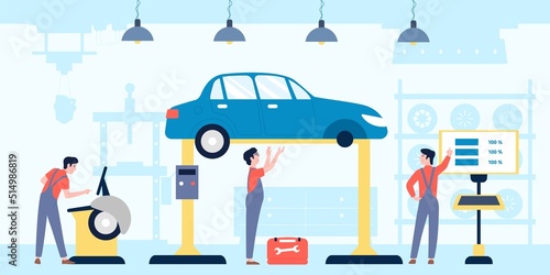 Car service. Automotive mechanic workshop, tuning auto in garage. Mechanics working, vehicle maintenance and repair and tire change recent vector scene