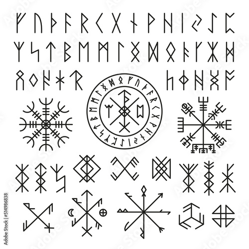 Futhark viking norse. Runic design icons, old mystery sign. Magic ancient symbols for game or tattoo. Nordic mythology, celtic tidy vector collection photo