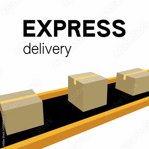 Belt conveyor with carton boxes. Vector EPS 10. Logistic, colored illustration. 3d concept of express delivery banner. Can be used for any platform or purpose. Action promotion and advertising mockup