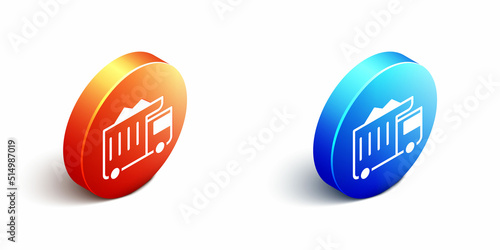 Isometric Large industrial mining dump truck icon isolated on white background. Big car. Orange and blue circle button. Vector