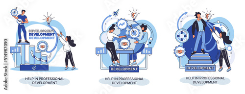 Help in professional development metaphor. Qualified employee training program. Refresher course. Human resource management organization. Business education workshop. School personality growth in team