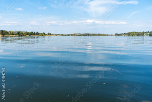 Lake, photo from the water. Lake surface with reflection of the sky in the water