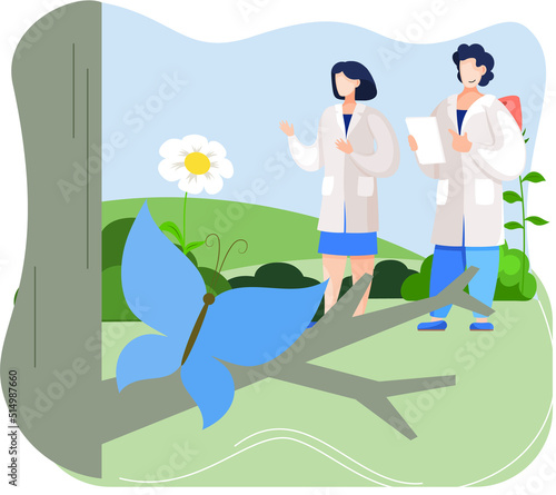 Observation of insects in wild. Ecologists scientists conduct research, take care of butterfly in nature. Researcher study flora, fauna and environment. Professional ecological activist makes notes