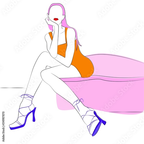 Hand drawn beautiful young woman sitting on the sofa. Fashionable woman. Stylish cute girl in a dress and sandals. Sketch. line drawing Hand drawn beautiful young woman sitting on the sofa. Fashionabl