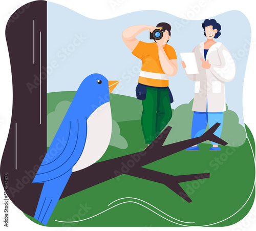 Observation of animals in wild. Ecologists scientists conduct research, take care of fowl and nature. Researcher study flora fauna and environment. Professional ecological activist photographing bird
