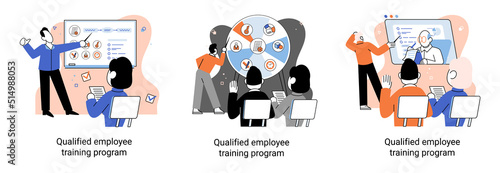 Qualified employee training program. Refresher course metaphor. Help in professional development. Learning for software development and growth. Agile project management team project life scrum meeting