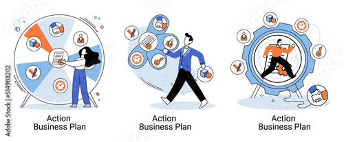 Action business plan, development strategies, foreseeing market risks. Company success secret, idea growing business achieve target metaphor, study production and sales market. Strategic biz planning