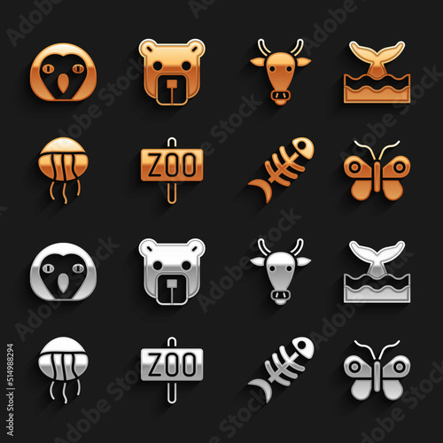 Set Zoo park, Whale tail in ocean wave, Butterfly, Fish skeleton, Jellyfish, Cow head, Owl bird and Bear icon. Vector photo