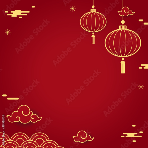 Happy Chinese new year 2023. Chinese new year banner with circle for show product. Greeting card. China frame with lantern on red background.