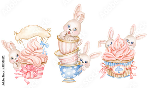 Cute cartoon baby bunny and sweet cupcakes. Funny little hares in tea cups. © MarinadeArt