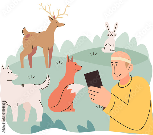 Zoologist study animals in their natural habitat. Scientist exploring and investigating fauna. Tameless animal protection, expedition to wild nature. Travel blogger making photo essay of wildlife