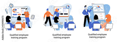 Qualified employee training program. Refresher course metaphor. Help in professional development. Learning for software development and growth. Agile project management team project life scrum meeting