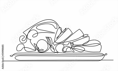 Meat with vegetables dish. Vegetable salad. One continuous line drawing. Food in a restaurant.  One Line Art isolated white background.
