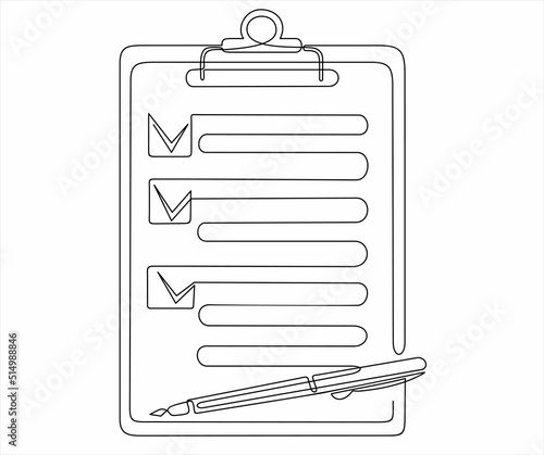 One continuous line drawing of checklist, clipboard and pen. 
