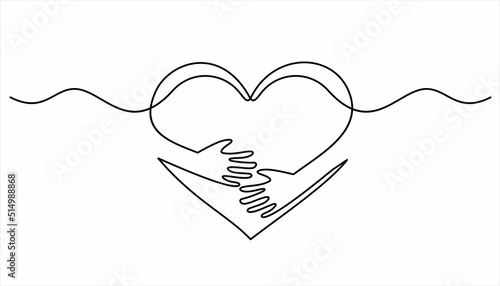 continuous line drawing of hand hugging heart, hug. Vector