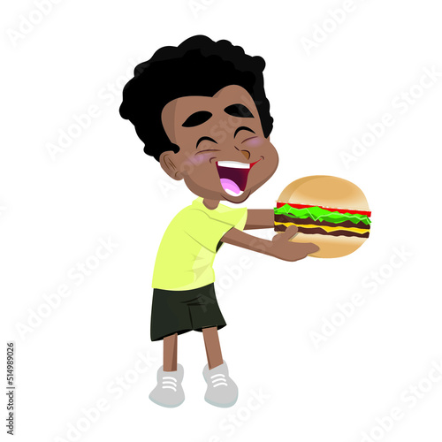 Happy Boy Eating Cheese Burger Vector Illustration Character Design
