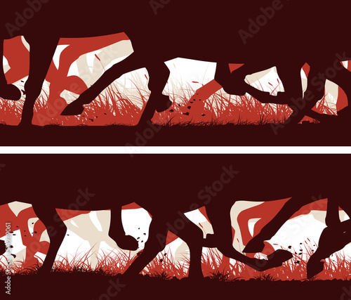 Set of horizontal vector banners with galloping horses through grass.