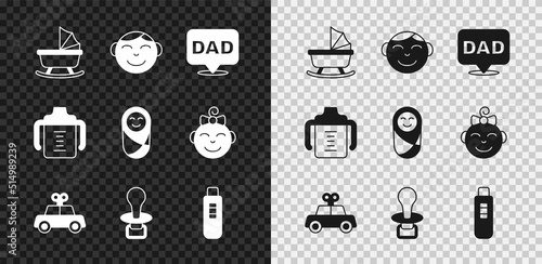 Set Baby stroller, Little boy head, Speech bubble dad, Toy car, dummy pacifier, Pregnancy test, bottle and Newborn baby infant swaddled icon. Vector