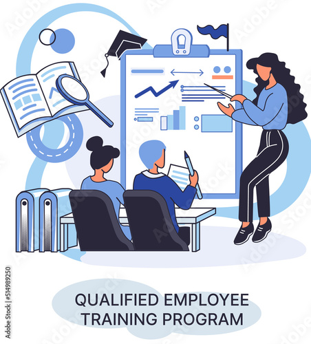 Qualified employee training program. Refresher course metaphor. Help in professional development. Learning for software development and growth. Agile project management team project life scrum meeting