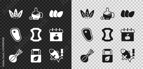 Set Leaf, Bottle of olive oil, Chicken egg, Onion, Shopping bag with recycle, No fish, Steak meat and Leather icon. Vector