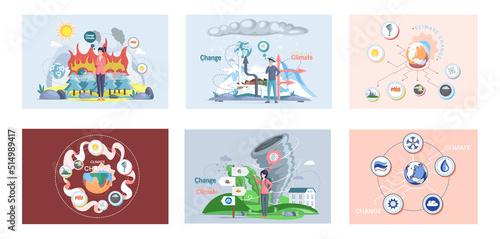 Global warming, climate change metaphor, natural disaster, deforestation, global heating, air pollution. Environmental accident on planet, ecological catastrophy warning icons world problem destroys