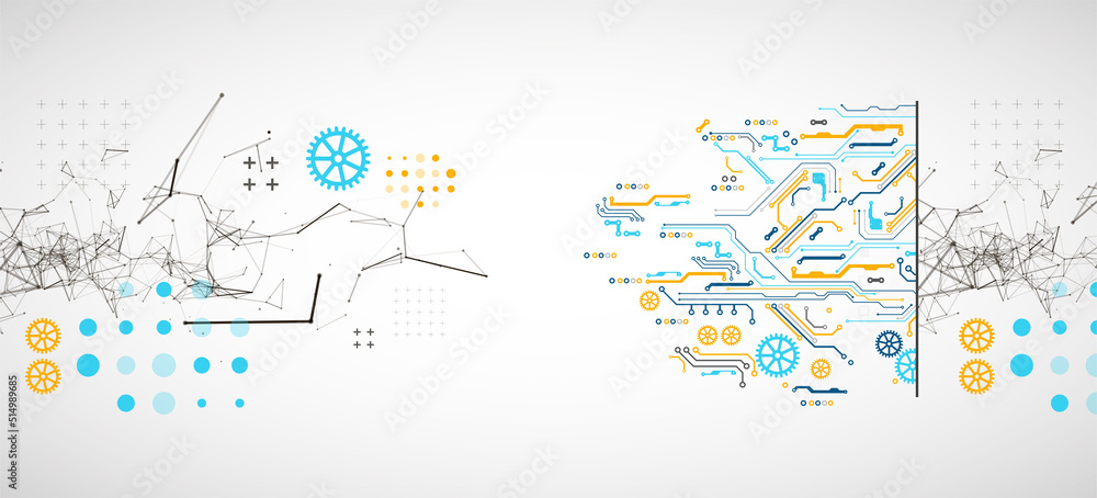 Obraz premium Abstract background on technological and scientific topics. Plexus effect with various techno details with a place under the text. Vector format.