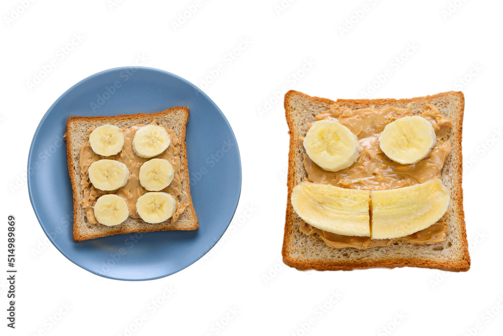 Peanut butter toast with banana slices isolated on white. Peanut butter toast with banana slices isolated on white.