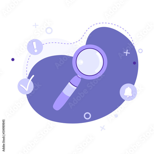 Flat vector illustration of magnifying glass with icons on abstract background. Search, planning, test, analysis, webinar or online education concept. Can be used for web banner, infographic, website