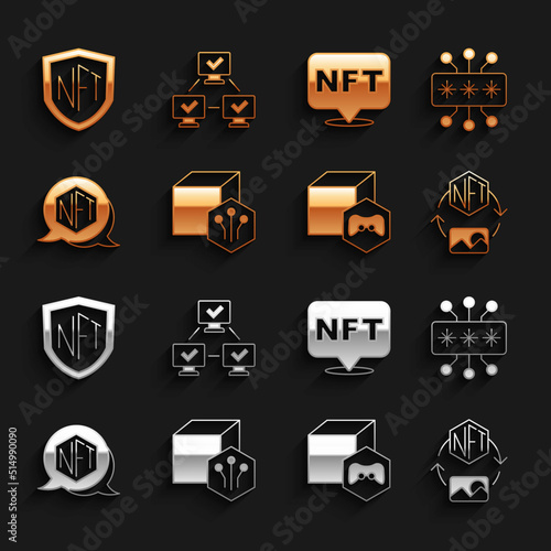 Set NFT Digital crypto art, Cyber security, shield and blockchain technology icon. Vector