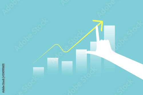 Hand growth business success graph concept on blue background. Financial market growth. The concept of success, financial growth, profit