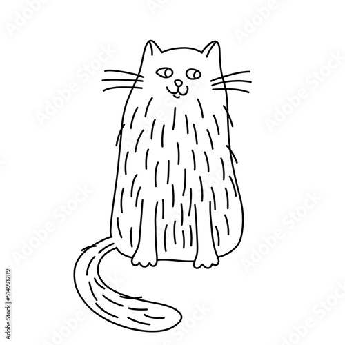 Happy fluffy cat in doodle style.  Hand drawn vector illustration. Isolated black outline