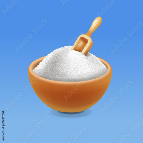 Clay bowl with white powder, salt, sugar or flour isolated on white background. Vector