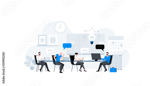 Business people discuss strategy in office. Deadline concept, brainstorming, discuss. Professional teamwork, collaboration, working together. Animation ready duik friendly vector.