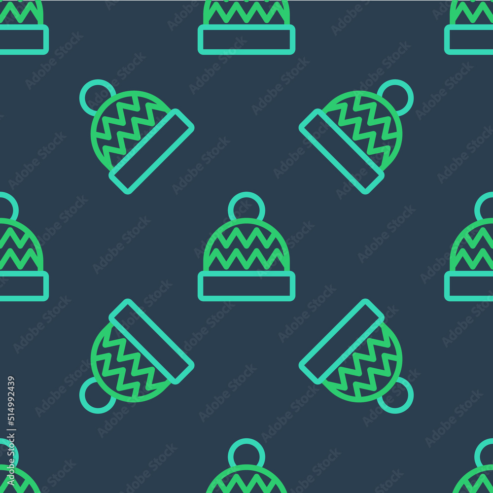 Line Beanie hat icon isolated seamless pattern on blue background. Vector Line Beanie hat icon isolated seamless pattern on blue background. Vector