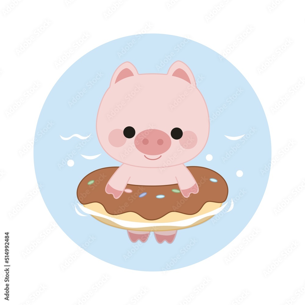 Cute joyful kawaii style pig bathing in an inflatable donut ring. Blue round background. Cute joyful kawaii style pig bathing in an inflatable donut ring. Blue round background.
