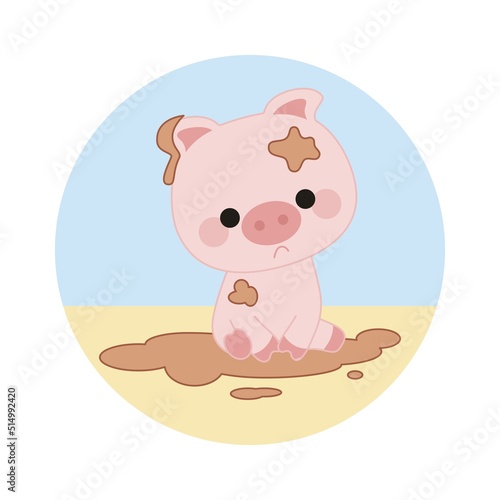 Cute sad kawaii style pig sitting in a mud puddle. Round background in the form of sand and sky.