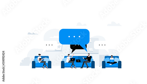 Business people discuss strategy while sitting on sofas in the break room. Deadline concept, brainstorming, discuss. Out of office. Animation ready duik friendly vector.