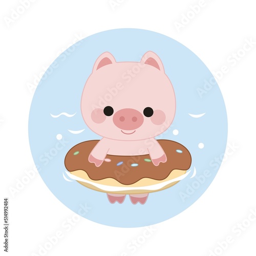 Cute joyful kawaii style pig bathing in an inflatable donut ring. Blue round background.