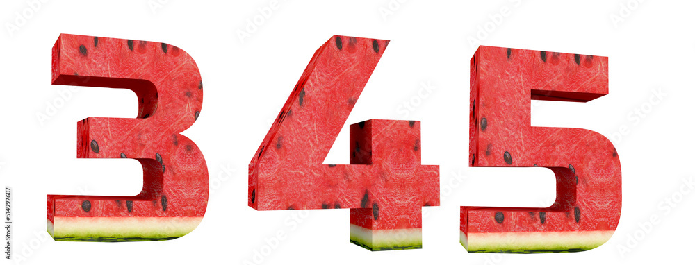 Fototapeta premium Fruit Alphabet. Watermelon numbers 3, 4, 5. 3d render font. Easy background removal. 