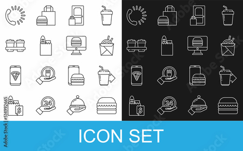 Set line Burger, Coffee cup to go, Asian noodles and chopsticks, Online ordering delivery, Shopping bag food, Food and icon. Vector