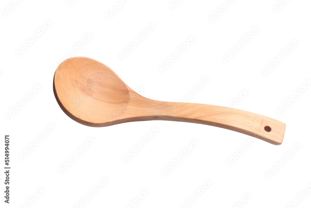 Empty wooden spoon for scooping food on white background.