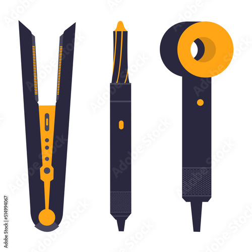Set of hairdryer, iron, and wavers for hairdresser salon, barbershop, or home usage. Electric barber tool for drying hair and hairdo isolated on white background. Flat illustration