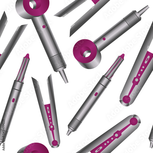 Seamless pattern. Realistic hairdryer, iron, and wavers for hairdresser salon, barbershop, or home usage. Electric barber tool for drying hair and hairdo isolated on background. 3d illustration