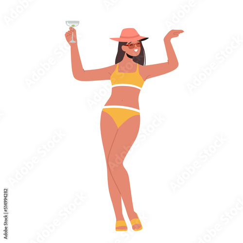Woman in Bikini, Sunglasses and Hat Holding Glass with Cocktail Isolated on White Background. Female Character Sparetime